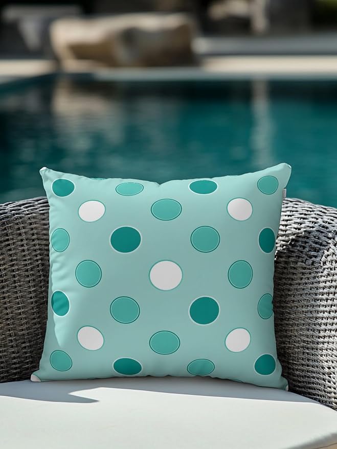 Waterproof Outdoor Pillow 1 Pack Teal Polka Dots Decorative Throw Pillows Cover & Insert 16x16 Inch Pillowcase Funny Circles Spots Square Pillows for Couch Sofa Bed Patio Furniture Indoor Outdoor