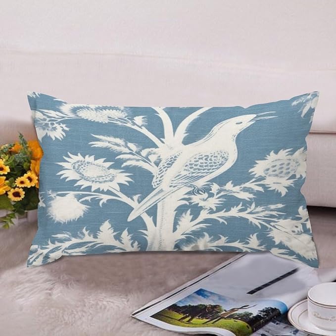Set of 2 Blue Turquoise and White Birds Plant Pillow Covers 12x20in Farmhouse Canvas Cushion Covers Outdoor for Couch Chair Home Decor for Family Friends