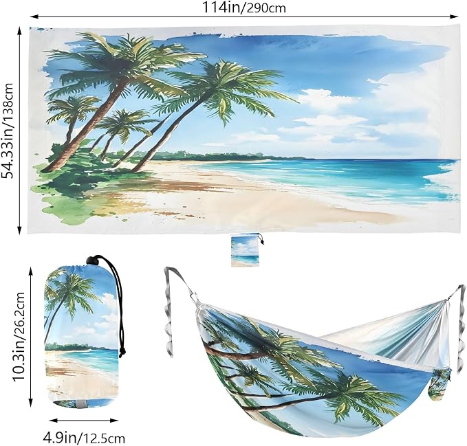 Beach Palm Trees Camping Hammock, Portable Lightweight Single Hammock with Tree Straps and Aluminum Carabiners, 114" x 54" Travel Hammock for Hiking Backpacking Beach
