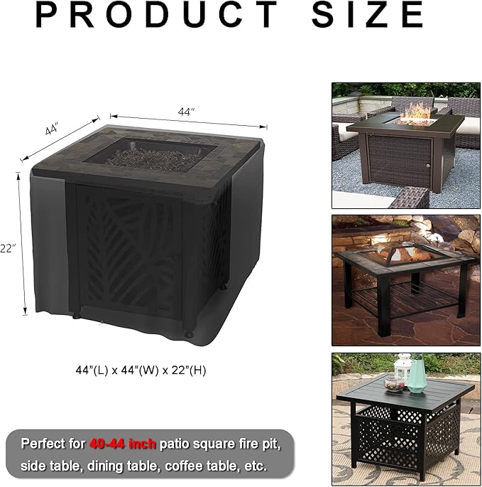 WOMACO Heavy Duty Square Patio Fire Pit/Table Cover, Waterproof Outdoor Furniture Cover (44" x 44" x 22", Black)