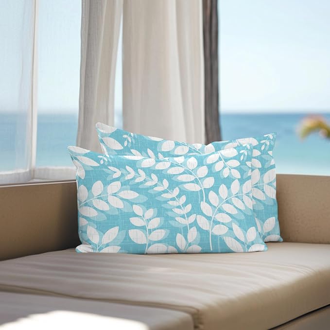 Light Blue Leaves Outdoor Waterproof Throw Pillow Covers 20x12 Set of 2, Farmhouse Botanical Branch Vintage Boho Leaf Decorative Pillowcases Cushion Pillowcase for Couch Sofa Patio Pillow Protector