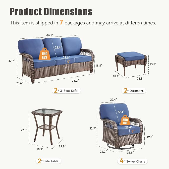 10 PCS Patio Furniture Set Outdoor Sectional Sofa Couch with Rocking Swivel Chairs 5" Deep Seat Chairs, Modern Wicker Rattan Conversation Set, Blue/Brown Wicker