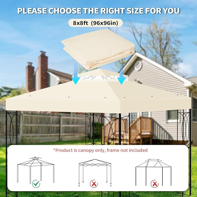 8'x8' Gazebo Top Canopy Replacement Cover - Double Tier Top Canopy Cover Replacement with UV30+, Dirt, Water Resistant for Outdoor, Garden, Pavilion (Beige)