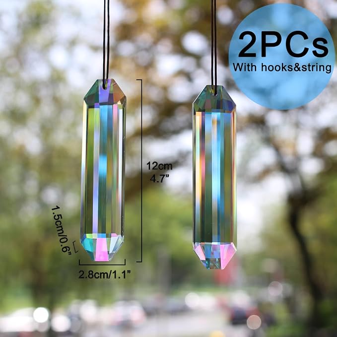 2PCS Long Crystal Suncatcher Prisms for Windows (Rect ABColor) | AB Color, Transparent, K9 Glass, Rainbow Maker, with Hooks & Cord