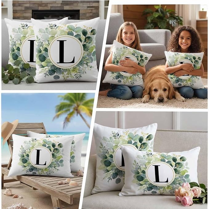 Letter L Waterproof Outdoor Pillow Covers Set of 2 Home Decor, Alphabet Green Eucalyptus Leaves Pillowcase Patio Pillow Covers for Couch Bench Patio Furniture Garden 24x24in