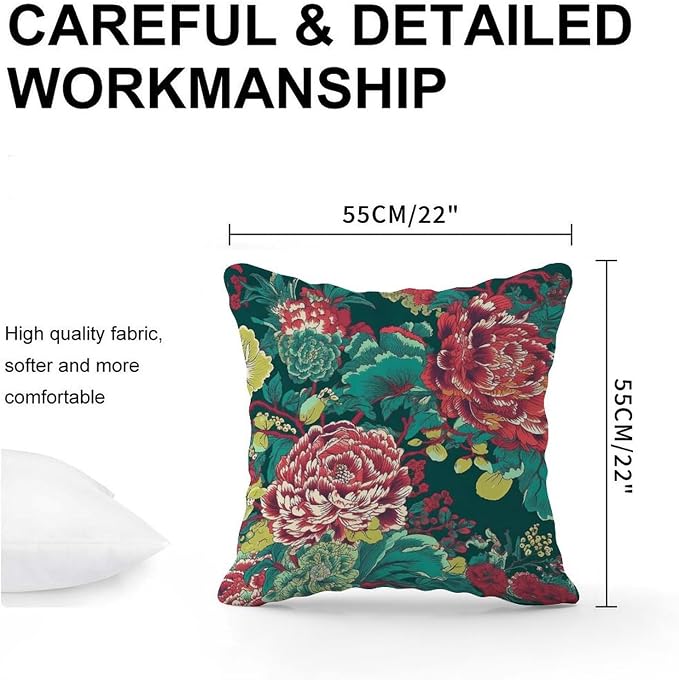 Chinoiserie Red Peony Floral Cushion Cases Green and Pink Pillow Covers 22x22 INRustic Accent Outdoor Garden Decoration for Couch Tent Park