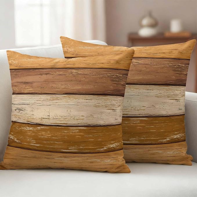 Farmhouse Yellow Brown Outdoor Waterproof Pillow Covers, Vintage Wooden Striped Decorative Square Throw Pillowcase Sofa Cushion Sham for Patio/Couch/Chair, 24"x24" 2 Pack