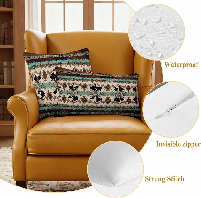 Boho Cowhide Outdoor Pillow Covers 26"x26" Set of 2, Western Aztec Tribal Green Brown Cow Texture Waterproof Throw Pillow Covers for Patio Furniture, Decorative Cushion Covers for Porch