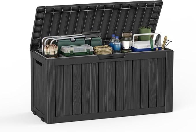 85 Gallon Outdoor Storage Deck Box Waterproof Resin Lockable Outside Bench Porch Patio Furniture Pool Float Garden Tool Cushion UV Resistant Bin Black