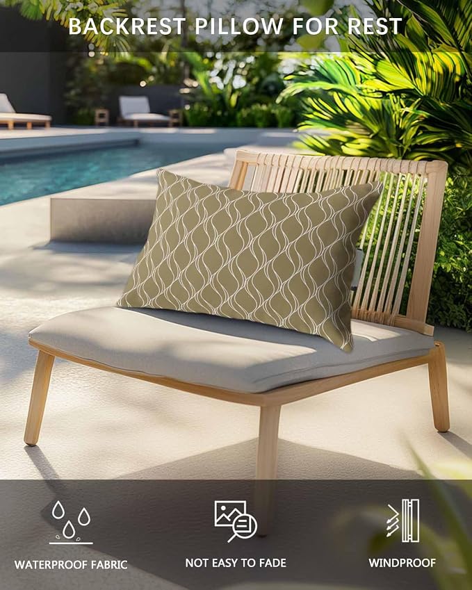 Pack of 2 Outdoor Lumbar Pillow Covers 12x20 Inch, Brown Stripes Waterproof Throw Pillow Covers Set, Simple Geometric Modern Monochrome Indoor&Outdoor Decorative Cushion Cases for Patio Porch Beach