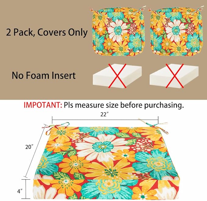 Magpie Fabrics Outdoor Cushion Cover Replacement 2 Pack, NO Insert! Water Repellent Slipcover with Ties Decor for Patio Garden Chair Sofa Bench Wicker(Embry Red Hibiscus, 22x20x4 Inch)