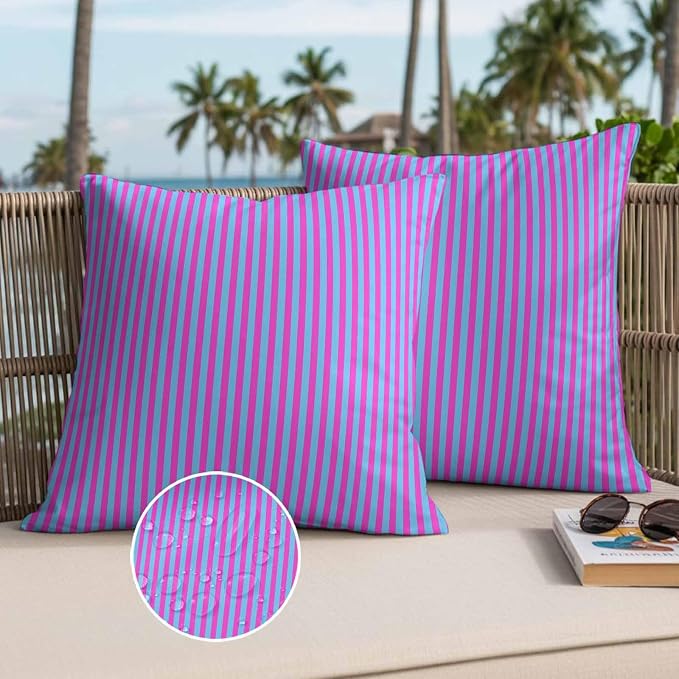 Throw Pillow Covers 16x16 Inch Set of 2, Purple Striped Waterproof Outdoor Cushion Covers, Geometric Pink Vertical Solid Rainbow Decorative Pillowcases for Couch, Sofa, Bed, Garden, Patio