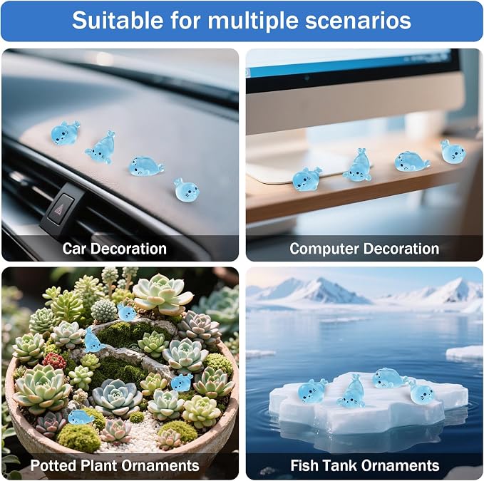 80Pcs Glow in Dark Mini Resin Seal Figurines - 4 Styles Luminous Sea Animals for Terrarium Decor, Fairy Garden, Aquarium, Small Resin Animals with Storage Box