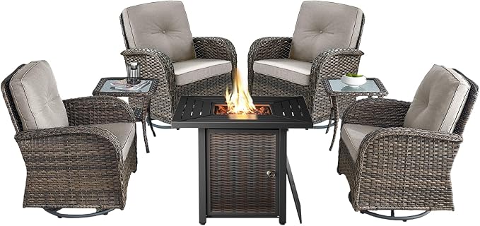 7 Pieces Patio Furniture with Fire Pit-High Back Swivel Patio Chairs Set of 4 with Outdoor Side Table Outdoor Patio Furniture Set for Deck Porch Garden Balcony Poolside-Brown/Beige