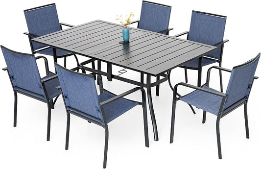 Anmutig 7-Piece Patio Dining Set, Outdoor Furniture Set of 6 Navy Stackable Dining Chairs and Rectangular Metal Table with Umbrella Hole for Outdoor Kitchen Lawn Garden,Bistro,Deck, Navy