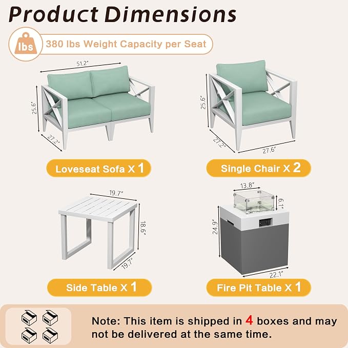 Outdoor Aluminum Patio Furniture Set, 4-Seats Patio Conversation Sofa Set with 37,000 BTU Fire Pit Table w/Glass Wind Guard, All Weather for Pool, Garden-White