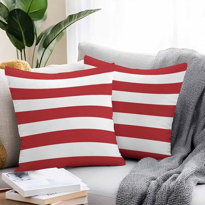 Outdoor Waterproof Throw Pillow Covers Set of 2 Red White Stripe Pillowcases 26x26 Inches Simple Style Striped Decorative Pillows Cushion Case Patio Pillows for Couch Bed Chair Garden