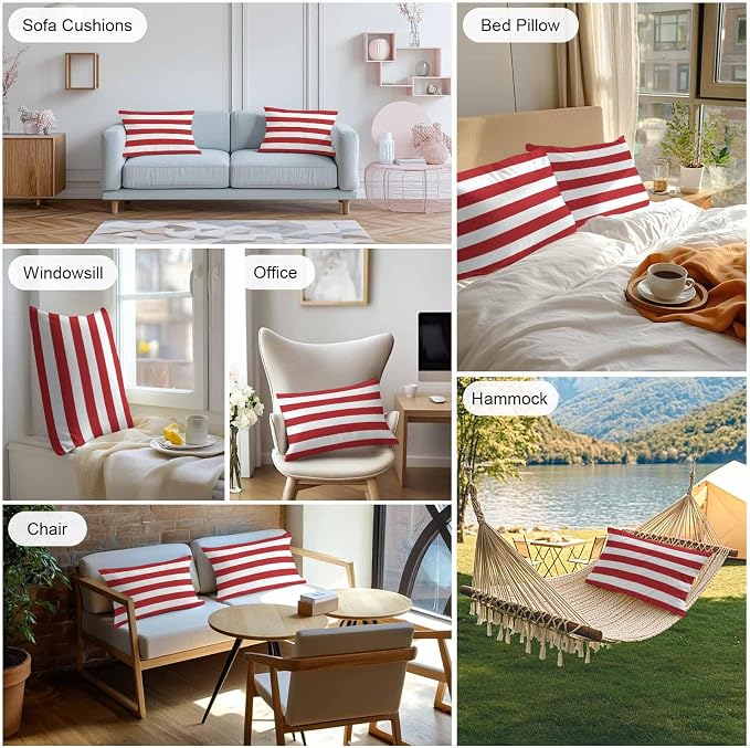 Outdoor Waterproof Throw Pillow Covers Set of 2 Red White Stripe Lumbar Pillowcases 20x12 Inches Simple Style Striped Decorative Pillows Cushion Case Patio Pillows for Couch Bed Chair Garden