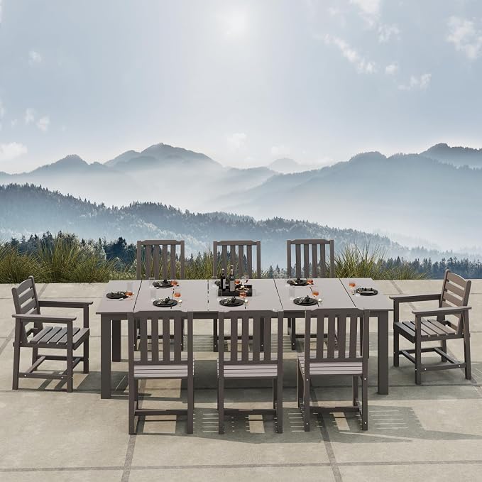 Kingdura 9 Piece Patio Dining Set for 8, HDPE Outdoor Table & Chairs with Umbrella Hole, All-Weather Outdoor Furniture Patio Conversation Set for Lawn Pool Backyard, Grey