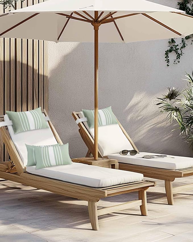 Outdoor Pillow for Lounge Chair with Strap & Insert Sage Green Vertical Stripes Recliner Head Pillow Classic Striped Waterproof Headrest Patio Lumbar Pillows for Beach Pool Office Chaise Chair 12x20