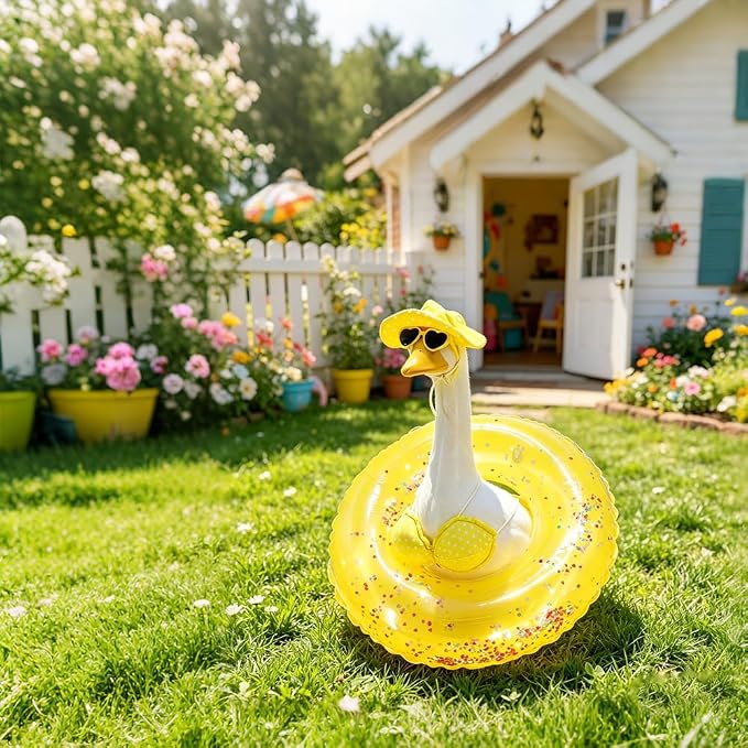 Hawaiian Porch Goose Outfits with Hat Sunglasses & Swim Ring, Summer Bikini Goose Outfit Clothes Costume Fits 23" Cement Geese Statue, Summer Garden Lawn Patio Yard Outdoor Decor (Summer style-Yellow)