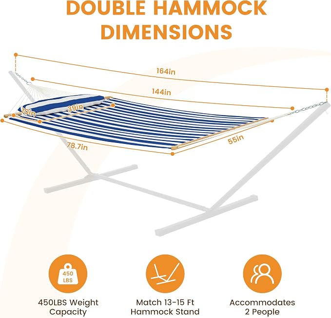 Lazy Daze Hammocks 12FT Quilted Fabric Double Hammock with Spreader Bars and Detachable Pillow, 2 Person, 450lbs Capacity, Blue White