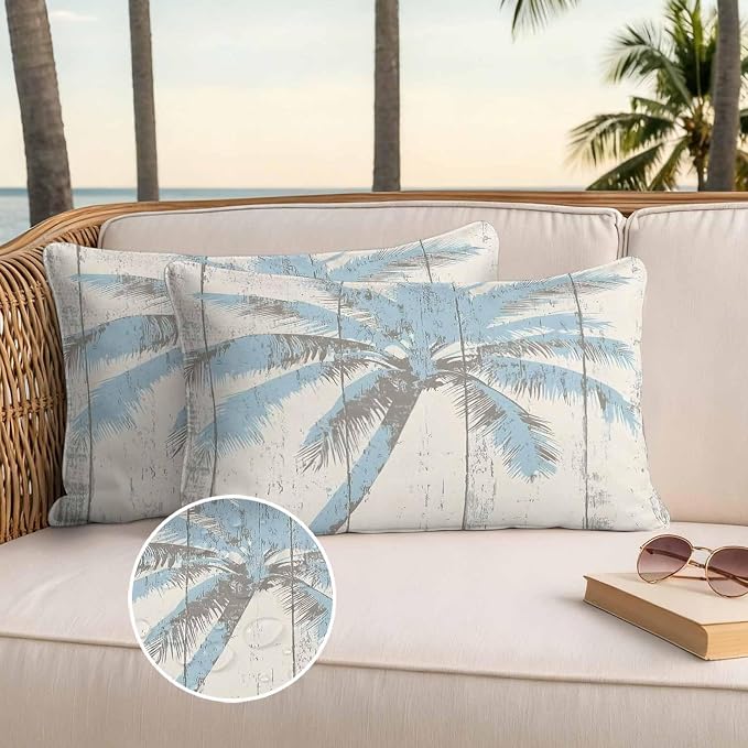 Palm Trees Outdoor Waterproof Throw Pillow Covers Set of 2, 20"x12", Light Blue Vintage Wood Grain Decorative Pillow Covers Outside Cushion Case for Patio Porch Garden
