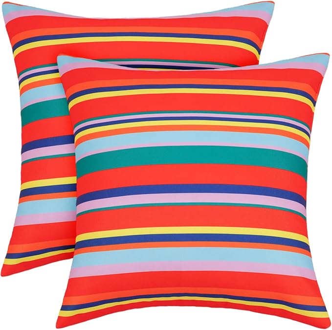 SquarePie Outdoor Pillow Covers Set of 2 Waterproof Decorative Throw Pillow Cases Patio Cushion Covers for Spring Patio Couch Balcony Bench,18x18 inch Color Stripe