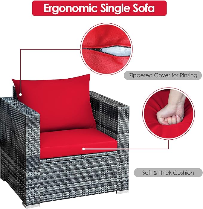 HAPPYGRILL 3-Piece Patio Conversation Set Outdoor Rattan Wicker Sofa Set with Coffee Table Patio Furniture Set with Soft Cushions for Balcony Porch Backyard Garden