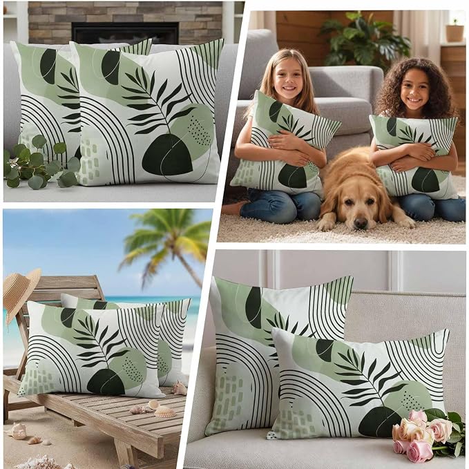 Sage Green Bohemian Outdoor Pillow Covers Set of 2 Abstract Geometric Black Lines Leaves Waterproof Throw Pillow Cover Decorative Cushion Cases for Patio Porch Garden 20X20 Inch