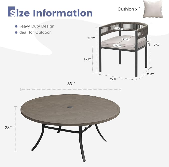 VICLLAX Patio Dining Set, 63" Grey Table & 6 Chairs with Wheat Cushion | Outdoor Table and Chairs Set of Round Metal Patio Table, Outdoor Dining Chairs with Metal Frame, Garden Deck Porch