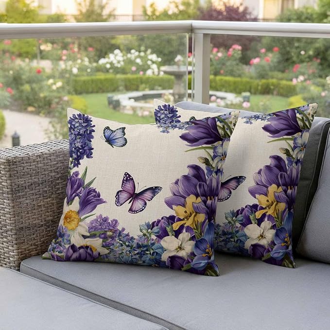 Outdoor Waterproof Pillow Covers for Patio Furniture Purple Blue Flowers Butterfly Throw Pillow Cover Watercolor Floral Linen Pillowcases Set of 2 Cushion Case for Sofa Couch Chair 20x20 inch