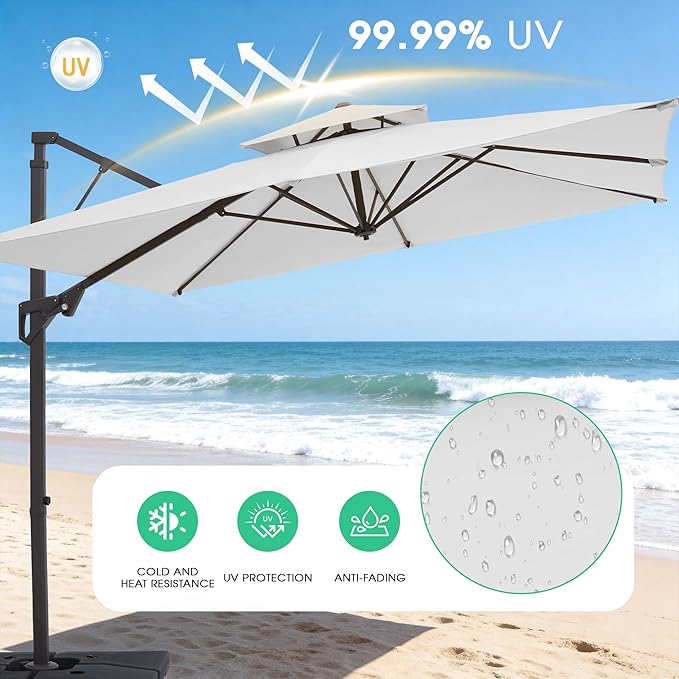 JEAREY 10ft 2-Tier Cantilever Patio Umbrella, Large Square Outdoor Offset Umbrella with Double Top Vent and 360-degree Rotation for Garden, Deck, Pool, Patio, Cream White