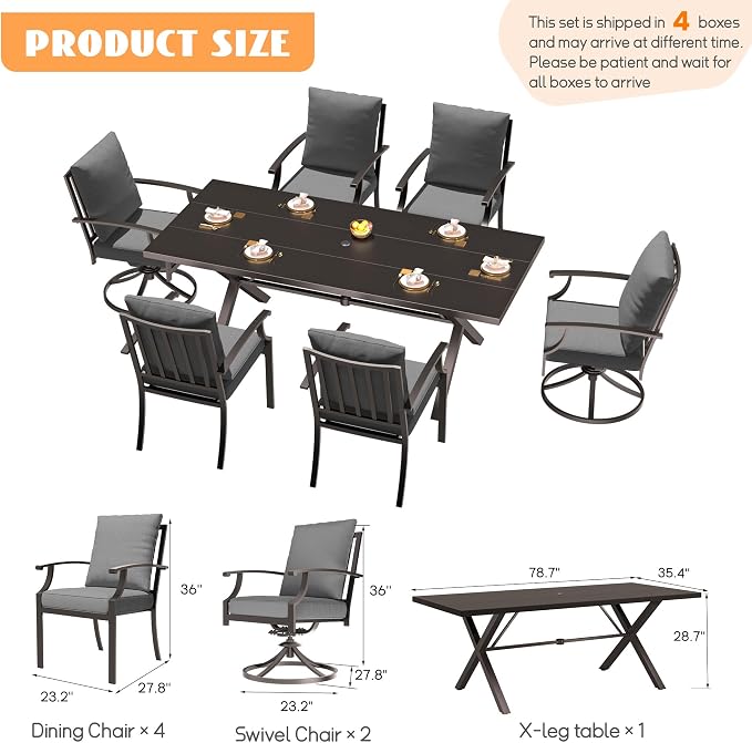 7-Piece Patio Dining Set Outdoor Conversation Set,Metal Outdoor Furniture Set with Umbrella Hole Cut-Out 78.7" x 35.4" Table and 6 Metal Chairs for Backyard,Garden,Grey