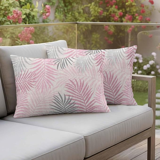 Outdoor Waterproof Throw Pillow Covers, Pink Grey Palm Leaves Decorative Pillow Cases, Summer Botanical Tropical Leaf Couch Pillow Protector Patio Sofa Cushion Covers Replacement 20"x12" 2 Pack