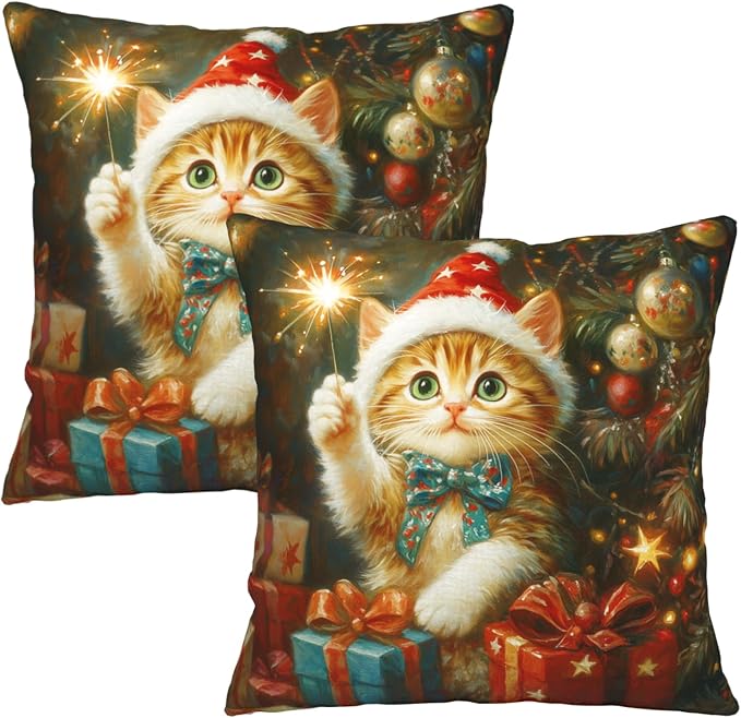 Christmas Pillow Covers 20x20 Set of 2 Adorable Cat Xmas Throw Pillow Covers Lovely Kitten Holding Sparklers Pillowcase Cotton Linen Cushion Case for Holiday Decor Sofa Couch
