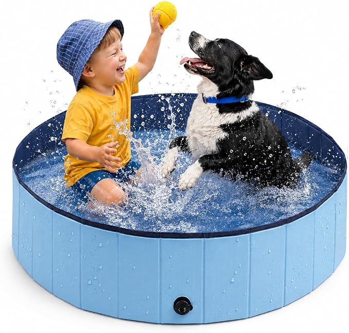 Eooqi Foldable Dog Pool, Collapsible Pet Bath Tub & Kiddie Wading Pool, Portable Hard-Side Dog Swimming Pool for Puppies, Small & Medium Dogs, Cats and Kids (Blue, 39.5"-M)