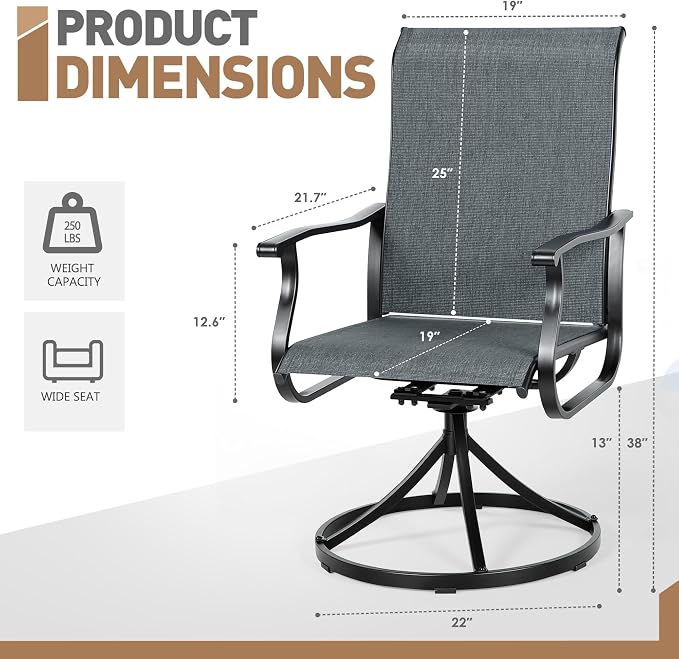SUNCROWN Patio Swivel Rocker Dining Chairs Set of 4, All Weather High Back Textilene Outdoor Chairs with Sturdy Metal Frame, Swivel Rocking Patio Chairs for Backyard Lawn Garden Porch Deck, Dark Grey