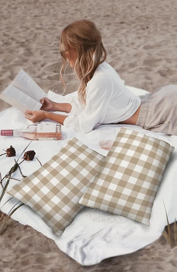 Outdoor Waterproof Throw Pillow Covers Set of 2 Khaki Buffalo Check Plaid Lumbar Pillowcases 20x12 Inches Farmhouse Style Patio Decorative Pillows Cushion Case Patio Pillows for Couch Bed Chair Garden