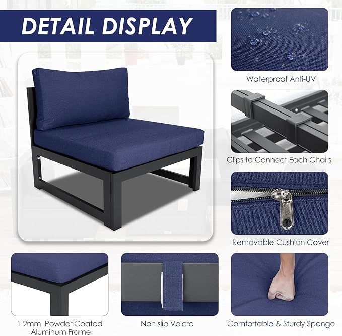 RADIATA 9 Piece Large Modern Aluminum Outdoor Patio Furniture Set with Fire Pit Table, 29" Wide Deep Seat, Rust Proof Comfy Sectional Sofa with Coffee Table, 500 lbs Sturdy Conversation Set, Navy Blue
