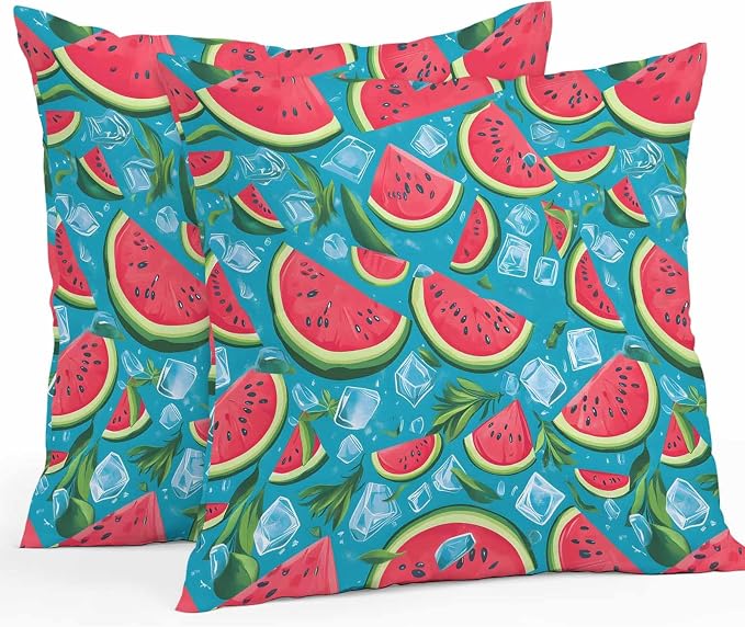 Vandarllin Outdoor Throw Pillows Covers 20x20 inch Set of 2 Waterproof Watermelon Decorative Zippered Cushion Covers for Patio Furniture, Summer Fruit Ice Cubes Lumbar Pillowcases