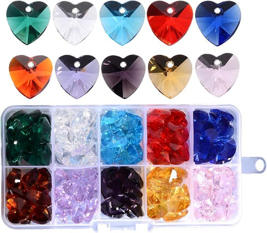 100pcs Crystal Heart Shaped Beads - LONGWIN 14mm Multicolor Glass Spacer Beads for Necklaces, Bracelets, Earring with Storage Box