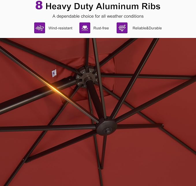 PURPLE LEAF 9' X 11.5' Rectangle Cantilever Umbrella with Base Patio Umbrella Outdoor Aluminum Antique Bronze Offset Hanging Umbrella with 360-degree Rotation for Pool Garden Backyard Deck, Brick Red