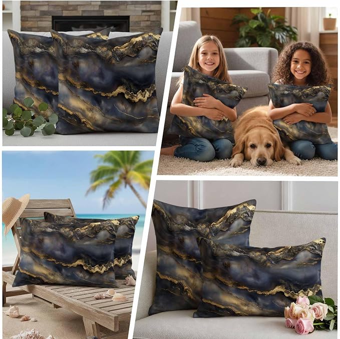 Modern Abstract Waterproof Outdoor Pillow Covers Set of 2 Home Decor, Luxury Black Golden Marble Texture Pillowcase Patio Pillow Covers for Couch Bench Furniture Garden 20x12in