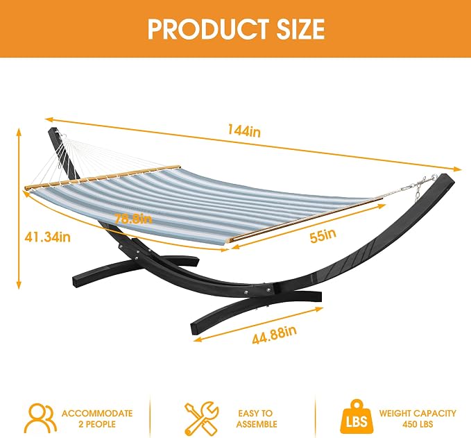 Lazy Daze Hammocks 12 FT 2 Person Double Quick Dry Textilene Hammock with Curved Steel Heavy Duty Stand for Outside, Backyard, Patio, 450 Lbs Capacity, Blue White Stripes