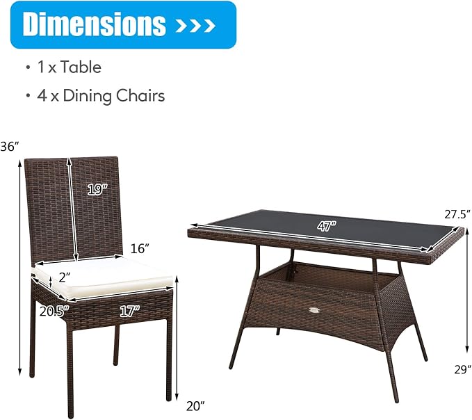 5 Pieces Patio Wicker Dining Set Outdoor Furniture, Outdoor Rattan Table and Chairs with Tempered Glass Table-top & Padded Cushions, Patio Furniture Sets for Backyard, Balcony(Brown)