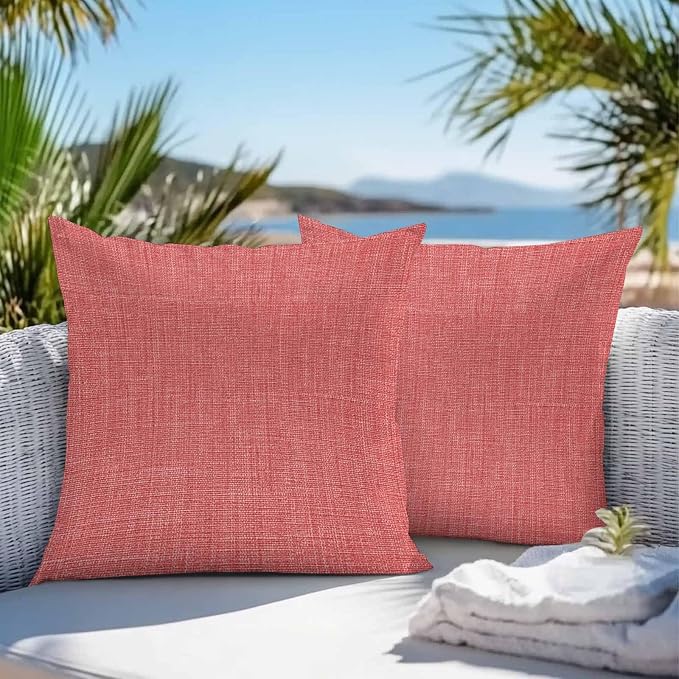 Vandarllin Outdoor Throw Pillows Covers 24x24 inch Set of 2 Waterproof Coral Red Linen Decorative Zippered Cushion Covers for Patio Furniture, Farmhouse Pure Color Lumbar Pillowcases