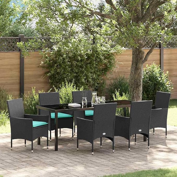 7 Piece Outdoor Dining Set, PE Rattan Patio Table and 6 Chairs with Comfortable Cushions, Modern Garden Furniture for Backyard, Deck, and Lawn, Black