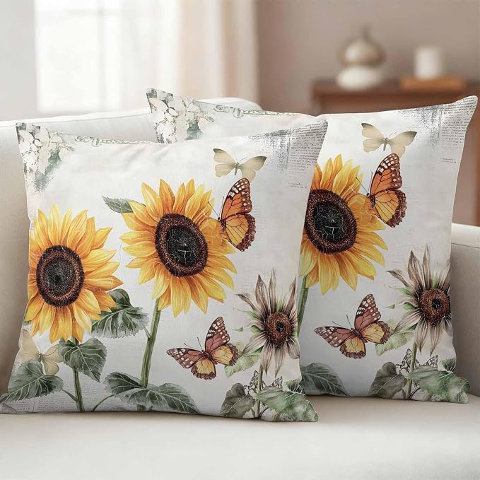 Sunflower Outdoor Waterproof Throw Pillow Covers Set of 2, 16"x16", Farmhouse Rustic Retro Summer Floral Butterfly Decorative Pillow Covers Outside Cushion Case for Patio Porch Garden