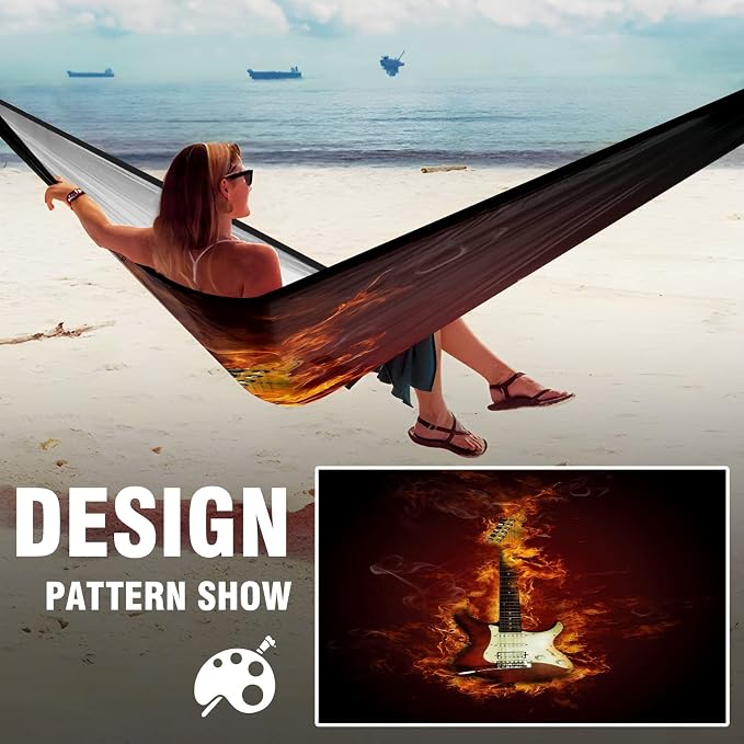 Outdoor Camping Hammock Electric Guitar in Flames Burning Fire Double & Single Hammocks with 2 Tree Straps Portable Heavy Duty Nylon Hammocks for Backpacking, Travel, Beach, Backyard, Patio, Hiking